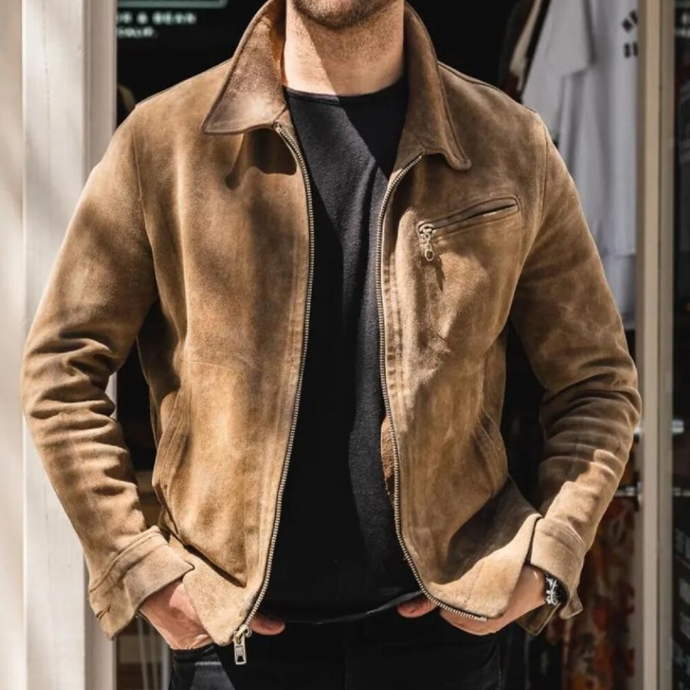 100% Suede Brown/Tan Biker Jacket by ASOS